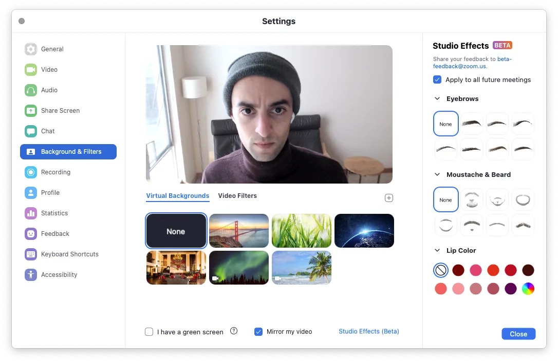 Click on “Studio Effects (Beta)” and you can change your look from this to the more interesting one above.
