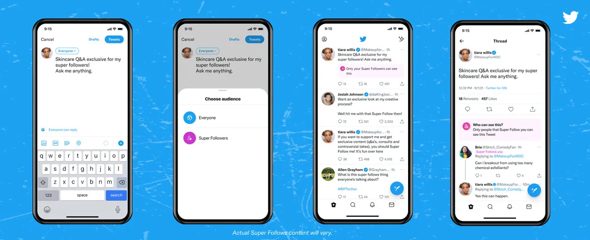 Phone screens showing a person making a tweet about a skincare q&a and setting it to Super Followers. The tweet has a pink note under it that says “Only your Super Followers can see this” and a reply to the tweet shows “Super Follows you” under the follower’s name.