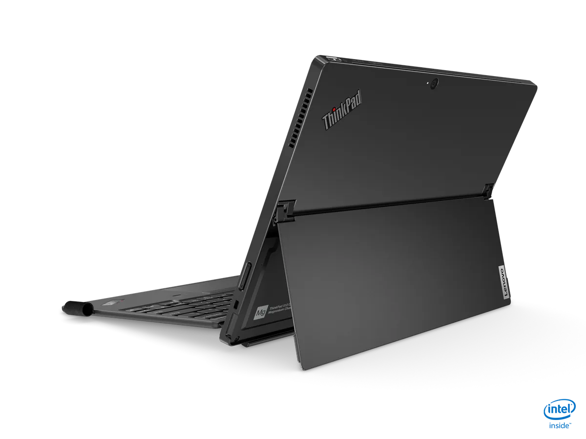 The ThinkPad X12 Detatchable in laptop mode, seen from the back with the kickstand unfolded.
