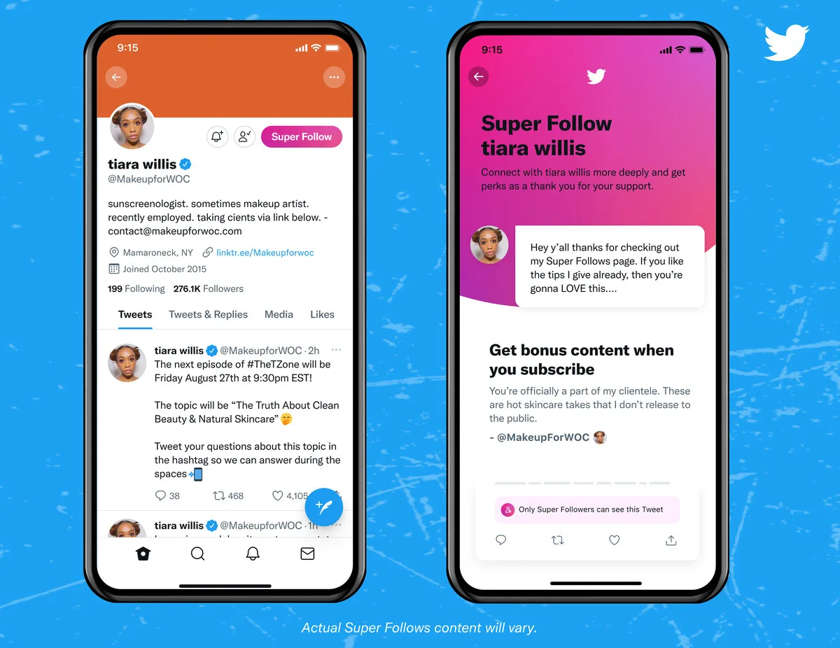 A person’s Twitter profile with a pink Super Follow button, and a subscription page saying “get bonus content when you subscribe” with an example that the person will share skincare tips that they don’t release to the public.